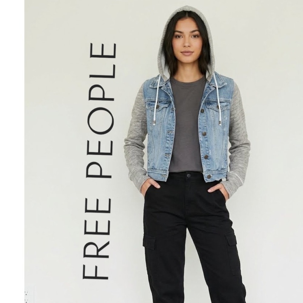 Free People Hooded Denim Jacket Blue Grey Mixed Media Distressed Cropped XS